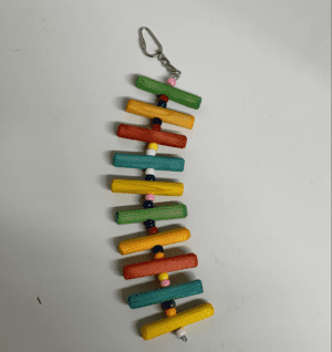 Colorful wooden bird toy with beads and a hook.